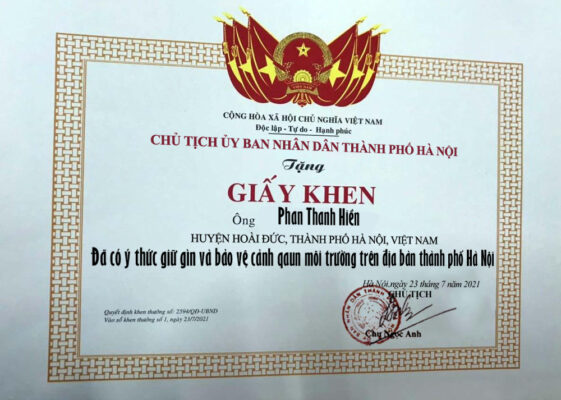 giấy khen dịch vụ môi trường